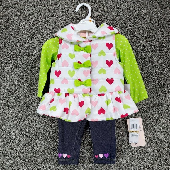 Kids Headquarters Lime Green/Pink Hearts Girls Size 12 Months Jeans/Puffer Vest - Picture 1 of 12